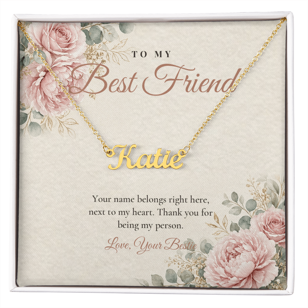 Gold custom name necklace for best friend on floral message card