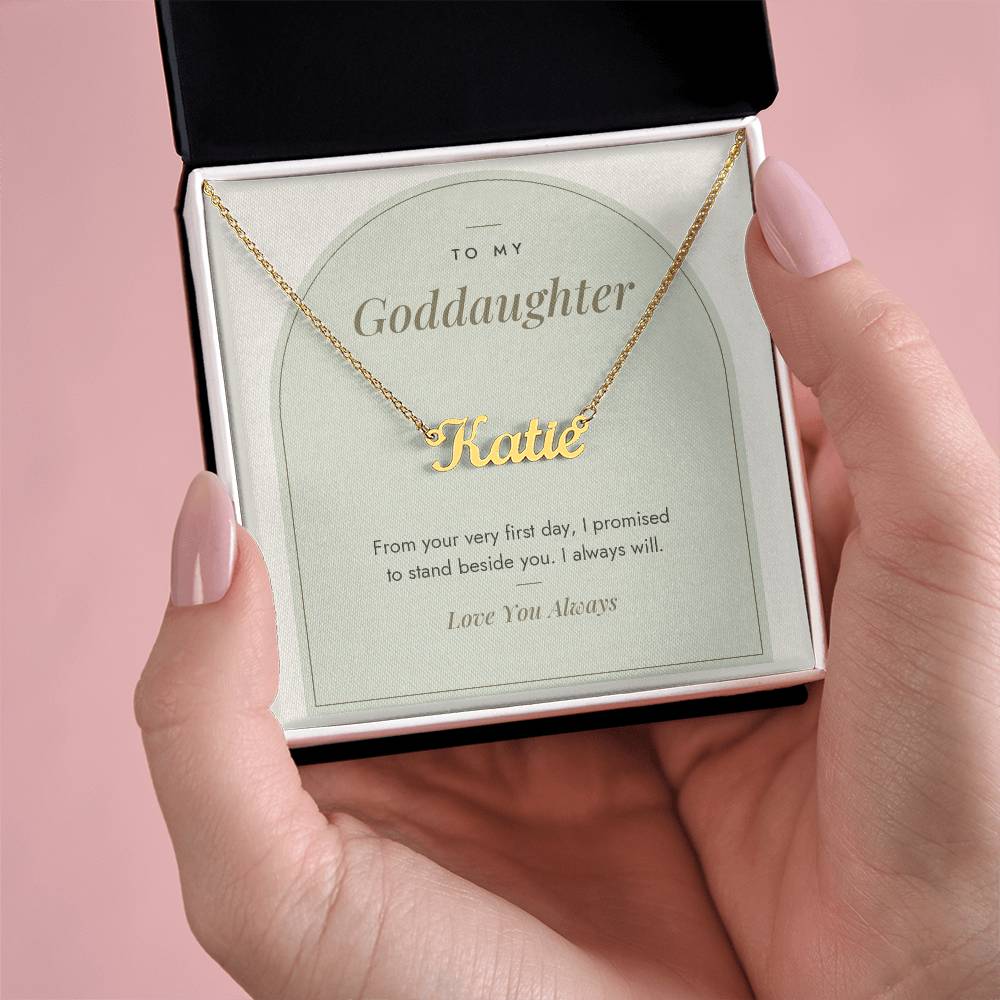 Custom name necklace for goddaughter – Modern Arch pendant with To My Goddaughter message card, view 6