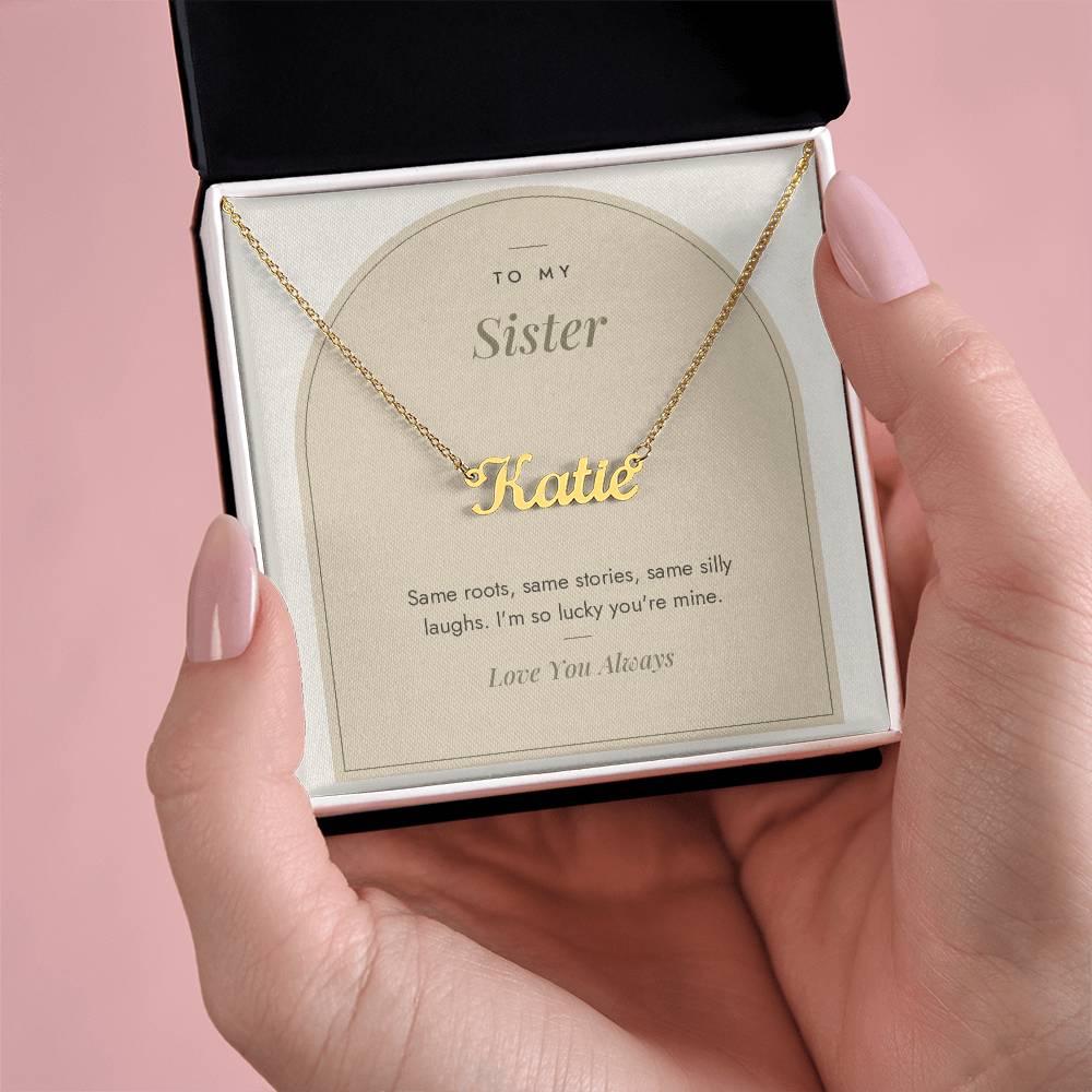 Custom name necklace for sister – Modern Arch pendant with To My Sister message card, view 6