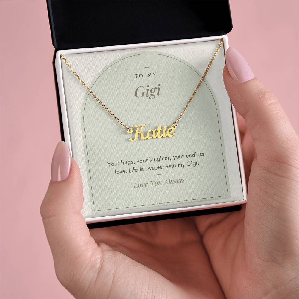 Custom name necklace for gigi – Modern Arch pendant with To My Gigi message card, view 6
