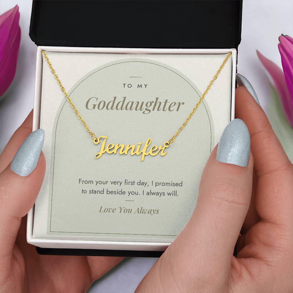 Custom name necklace for goddaughter – Modern Arch pendant with To My Goddaughter message card, view 5
