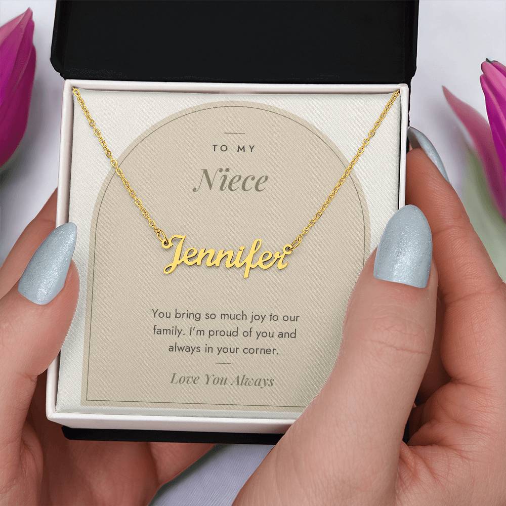 Custom name necklace for niece – Modern Arch pendant with To My Niece message card, view 5