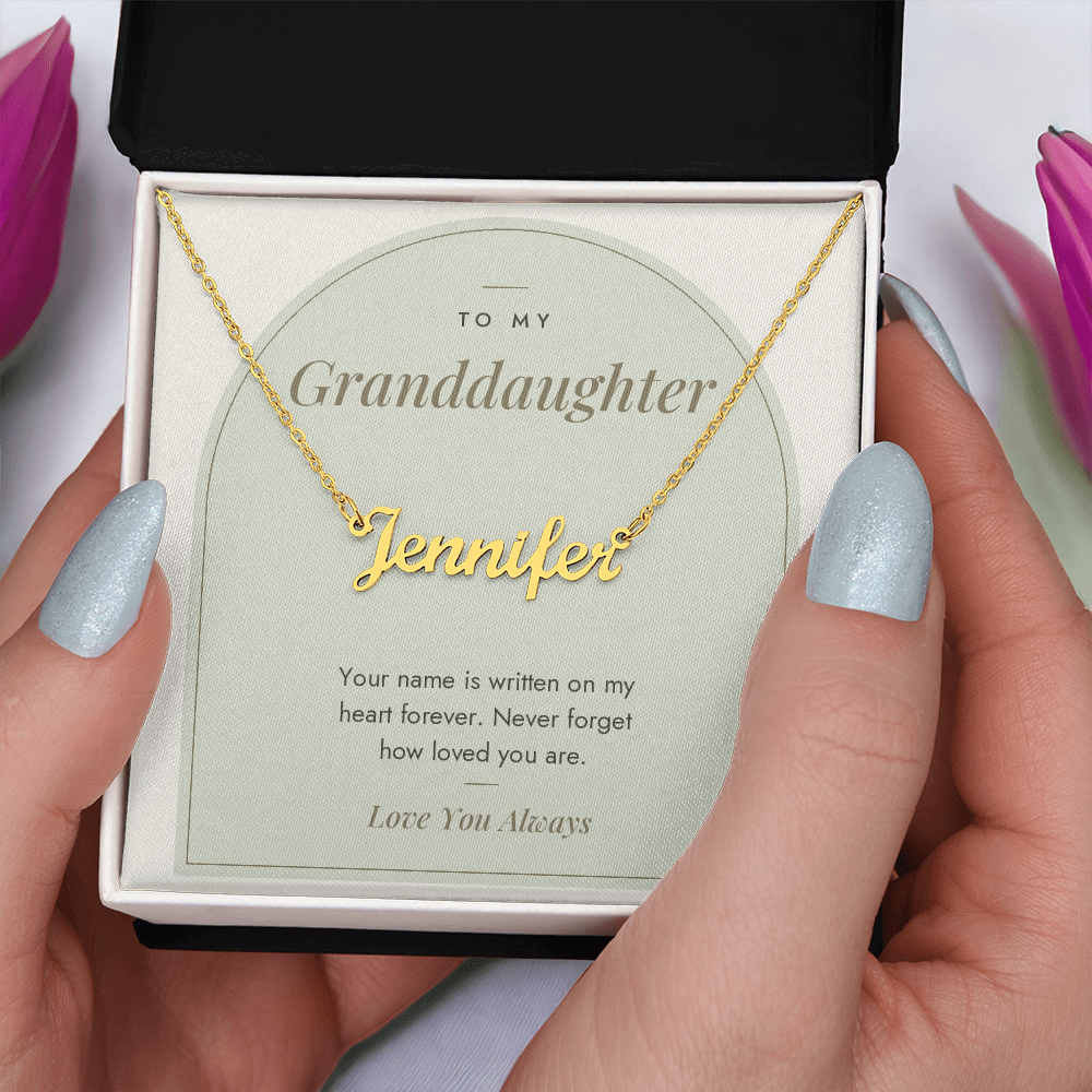 Custom name necklace for granddaughter – Modern Arch pendant with To My Granddaughter message card, view 5