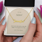 Custom name necklace for sister – Modern Arch pendant with To My Sister message card, view 5