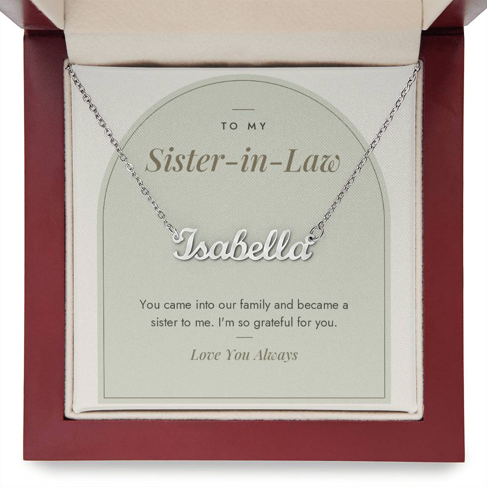 Custom name necklace for sister-in-law – Modern Arch pendant with To My Sister-in-Law message card, view 9
