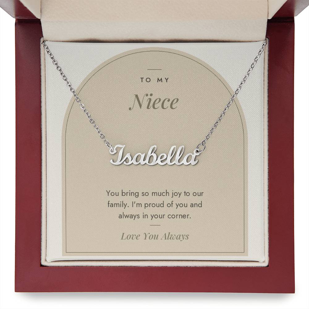 Custom name necklace for niece – Modern Arch pendant with To My Niece message card, view 9