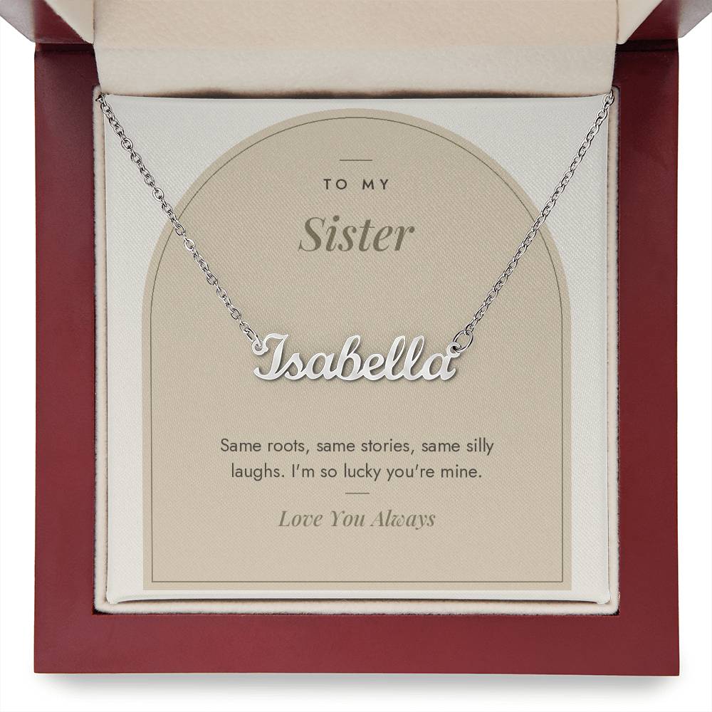 Custom name necklace for sister – Modern Arch pendant with To My Sister message card, view 9