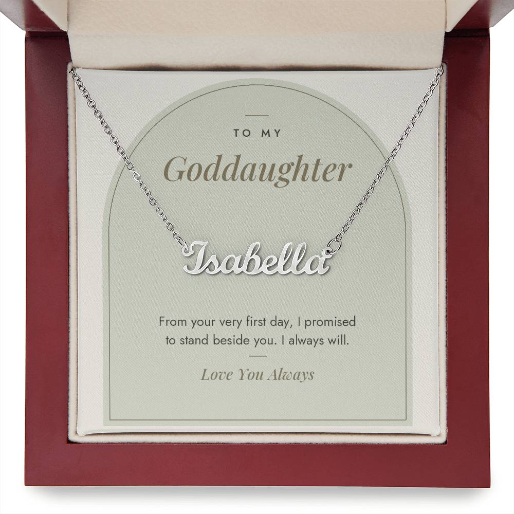 Custom name necklace for goddaughter – Modern Arch pendant with To My Goddaughter message card, view 9