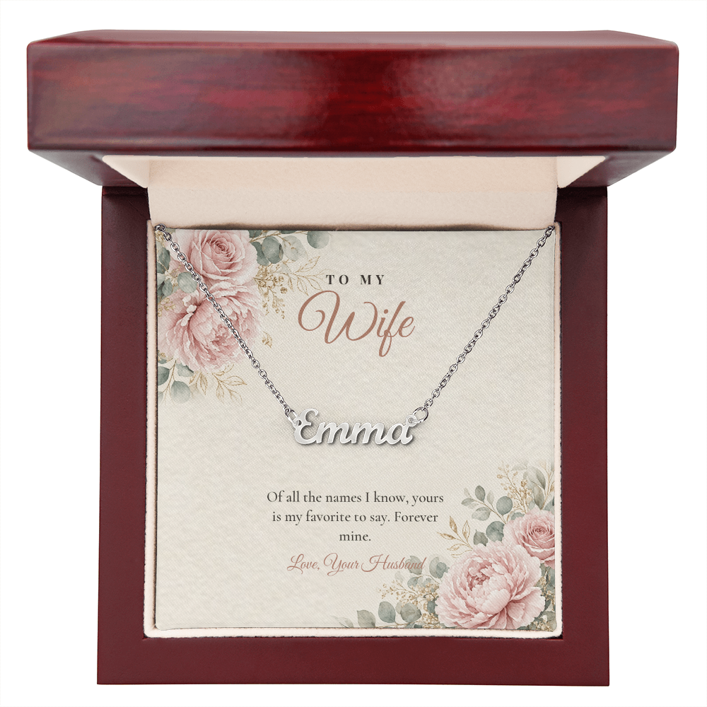 Silver custom name necklace for wife with floral message card in mahogany luxury gift box