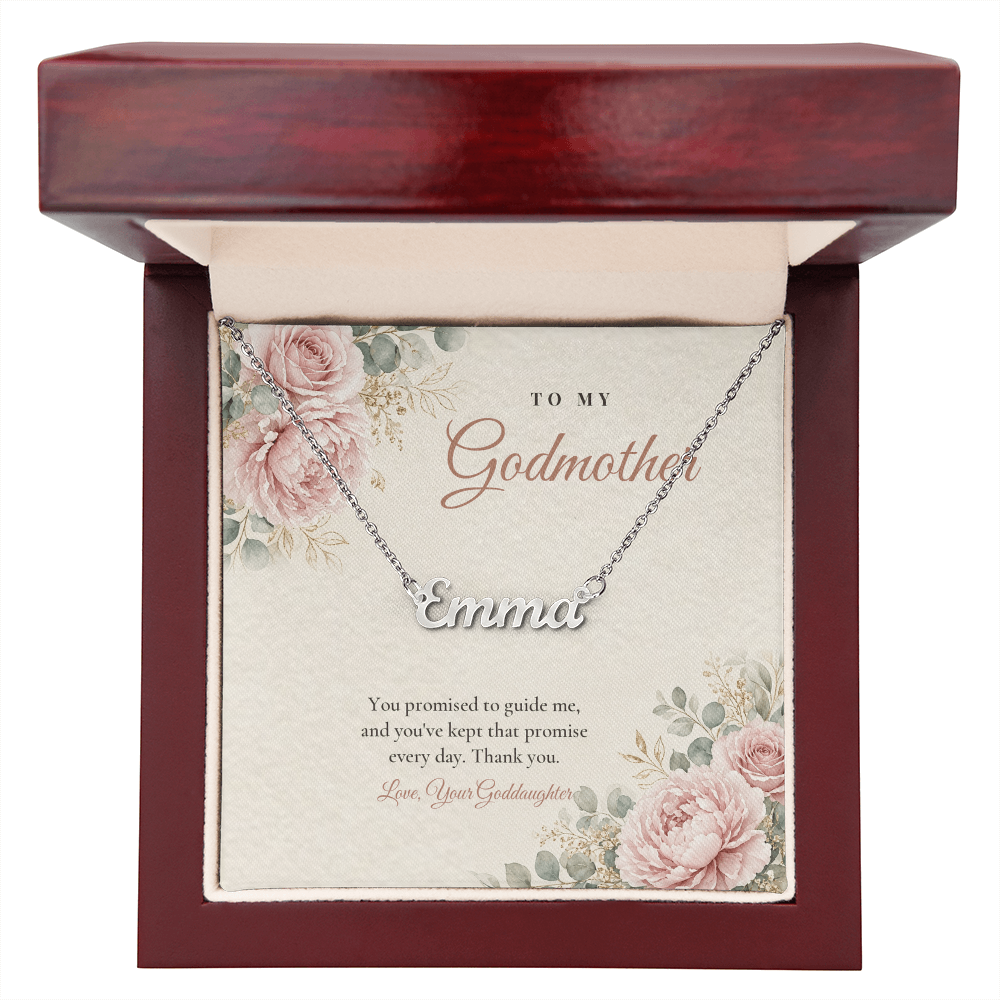 Silver finish Godmother name necklace with message card in open mahogany luxury gift box – name necklace for Godmother