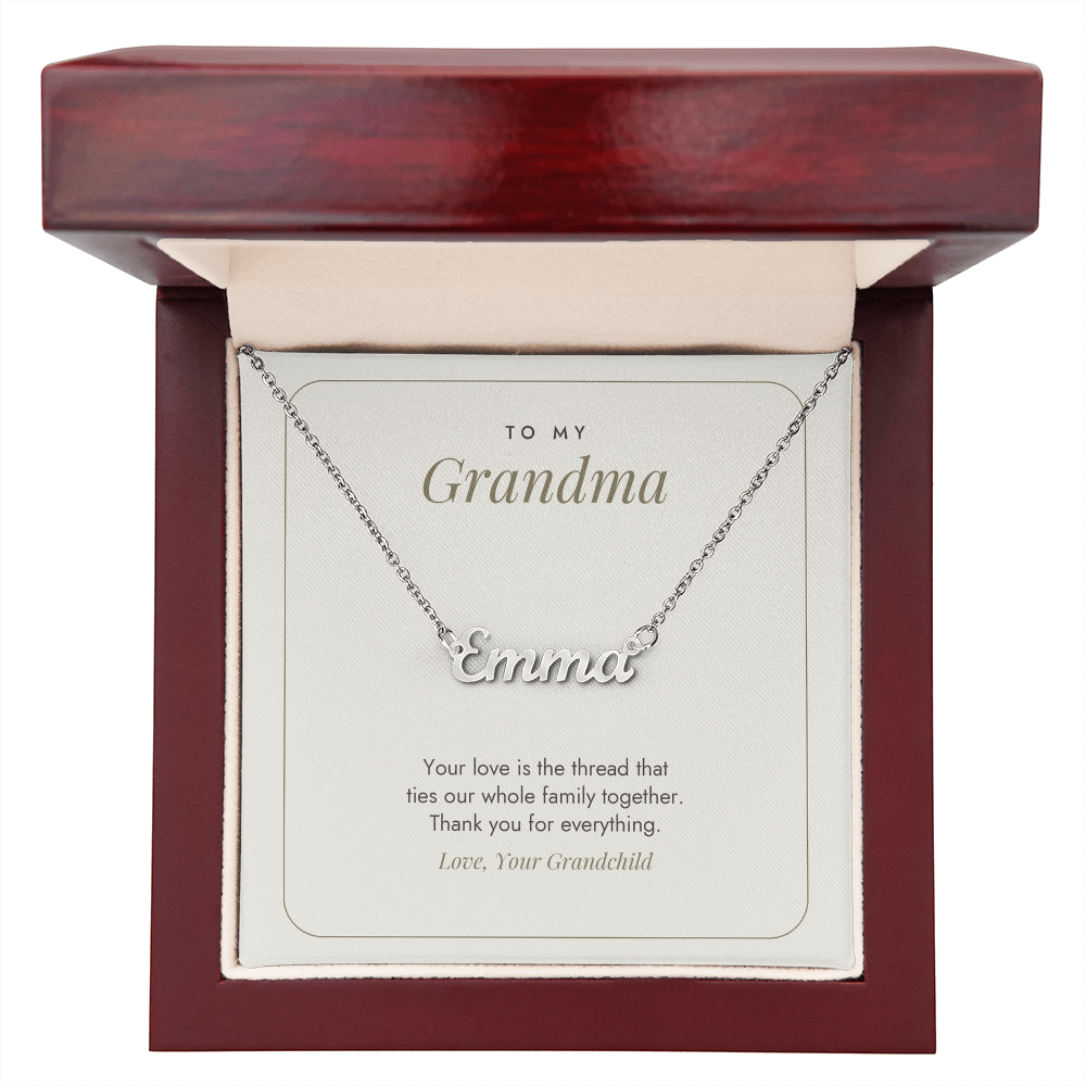Silver finish Grandma name necklace with message card in open mahogany luxury gift box – name necklace for Grandma