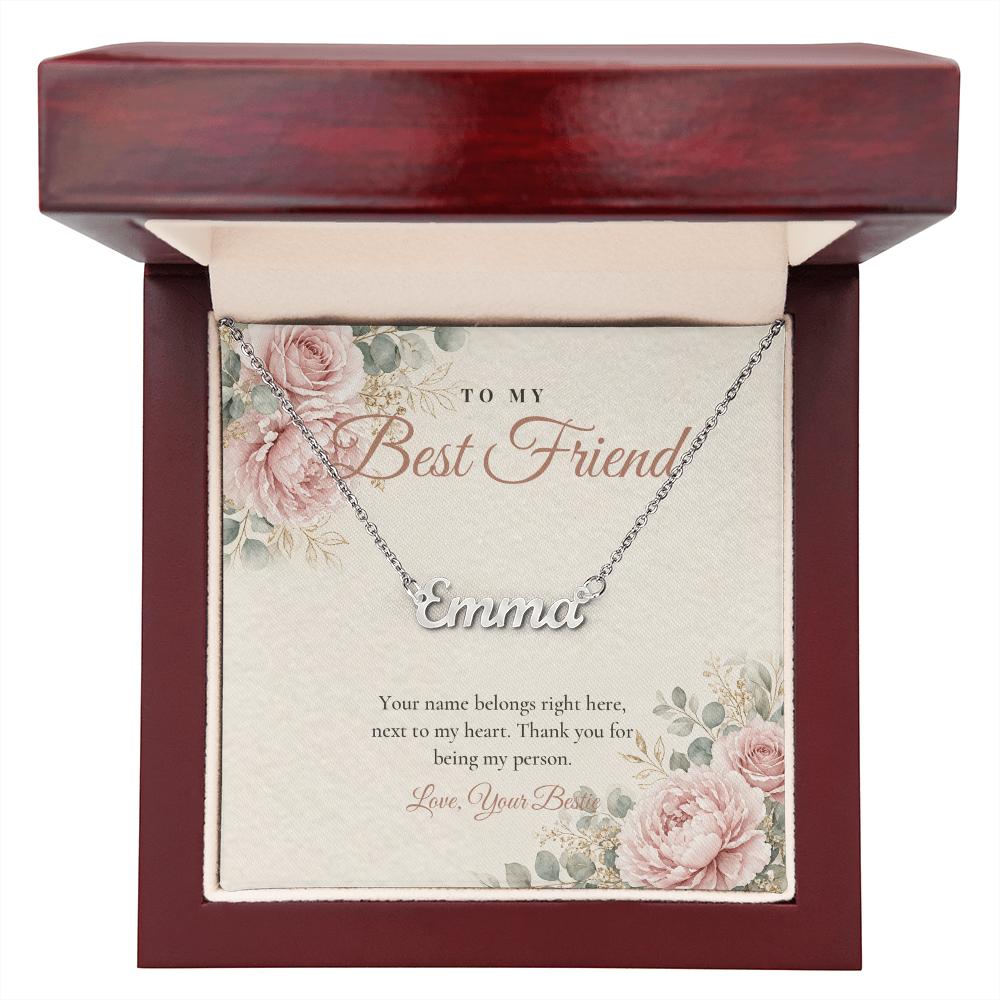 Silver custom name necklace for best friend with floral message card in mahogany luxury gift box