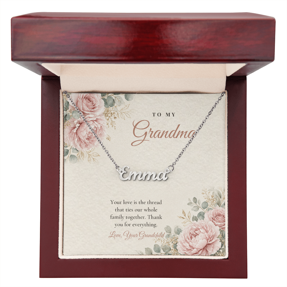 Silver finish Grandma name necklace with message card in open mahogany luxury gift box – name necklace for Grandma