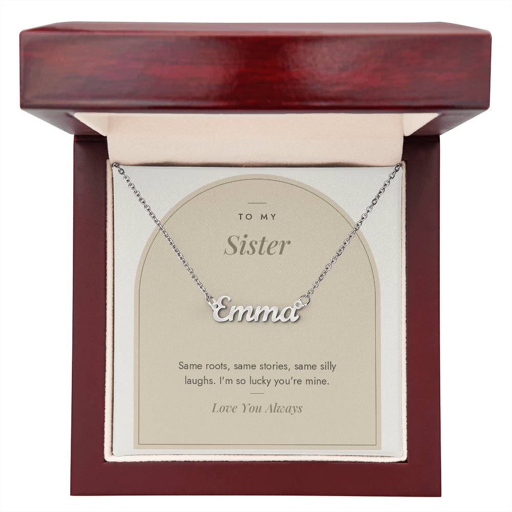 Custom name necklace for sister – Modern Arch pendant with To My Sister message card, view 7