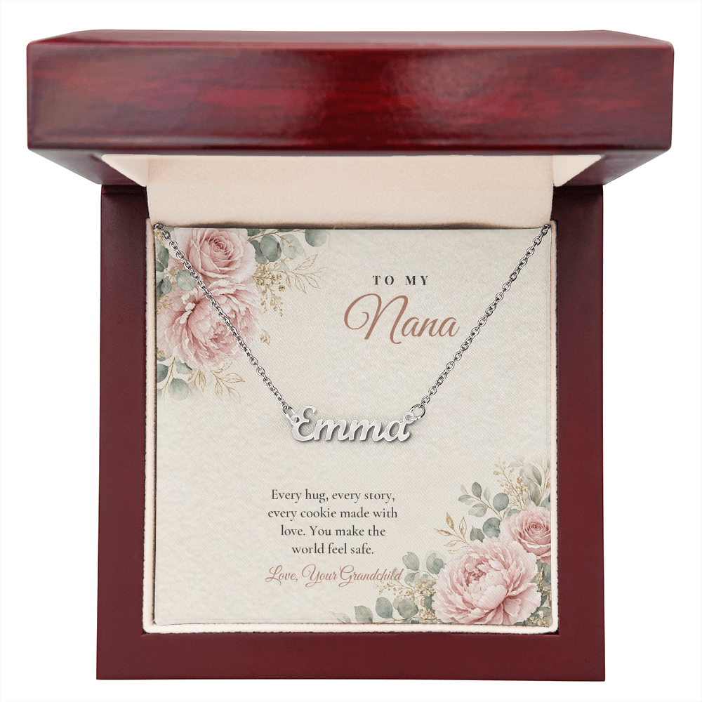 Silver finish Nana name necklace with message card in open mahogany luxury gift box – name necklace for Nana