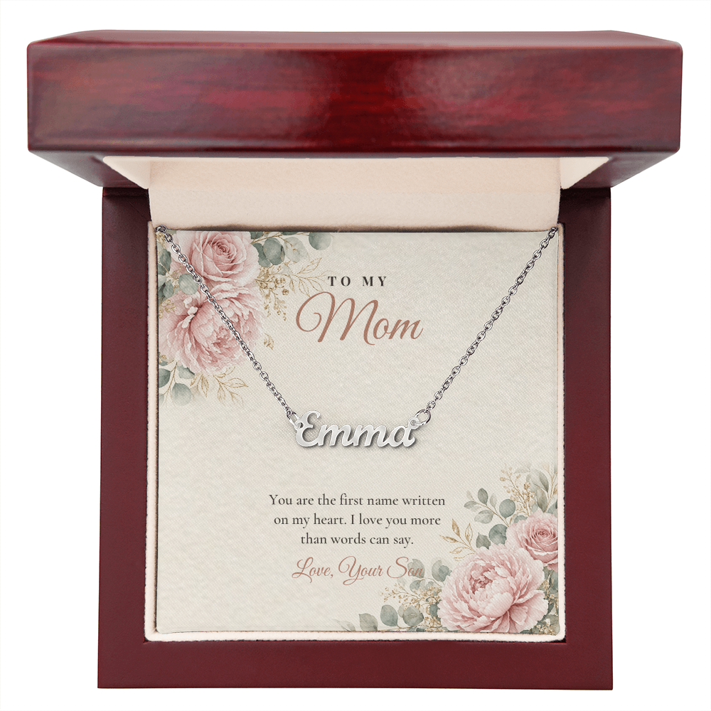 Silver custom name necklace for Mom from son with floral message card in mahogany luxury gift box