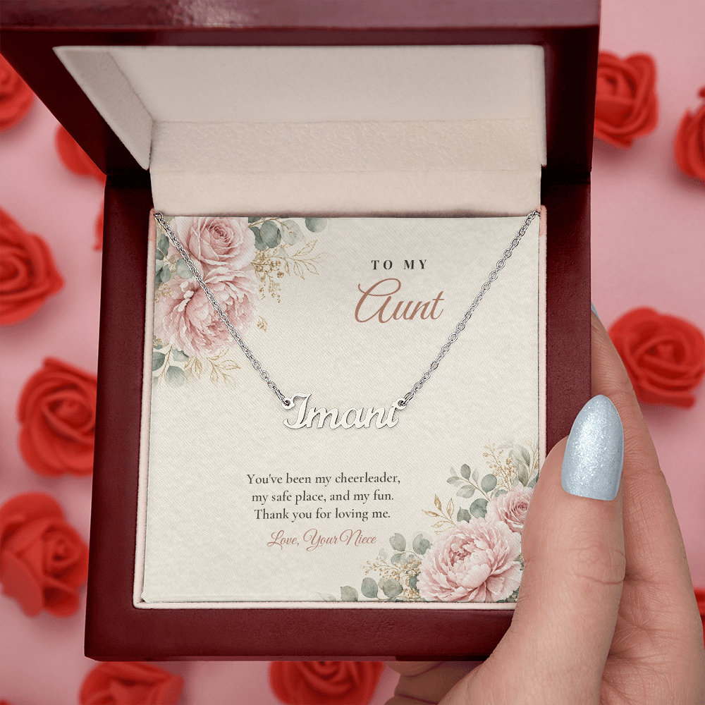 Aunt name necklace in mahogany gift box held in hand over red roses, pink rose floral message card – name necklace for Aunt