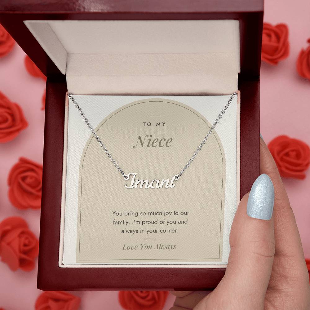 Custom name necklace for niece – Modern Arch pendant with To My Niece message card, view 8