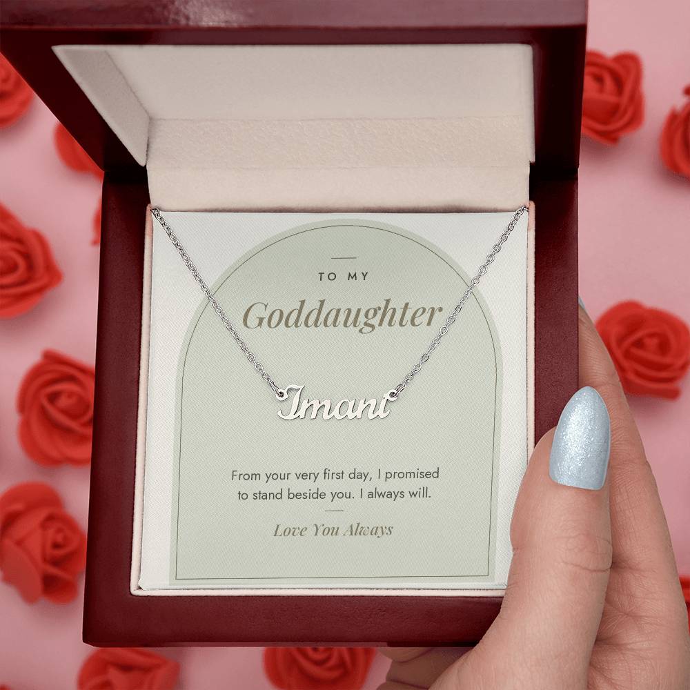 Custom name necklace for goddaughter – Modern Arch pendant with To My Goddaughter message card, view 8