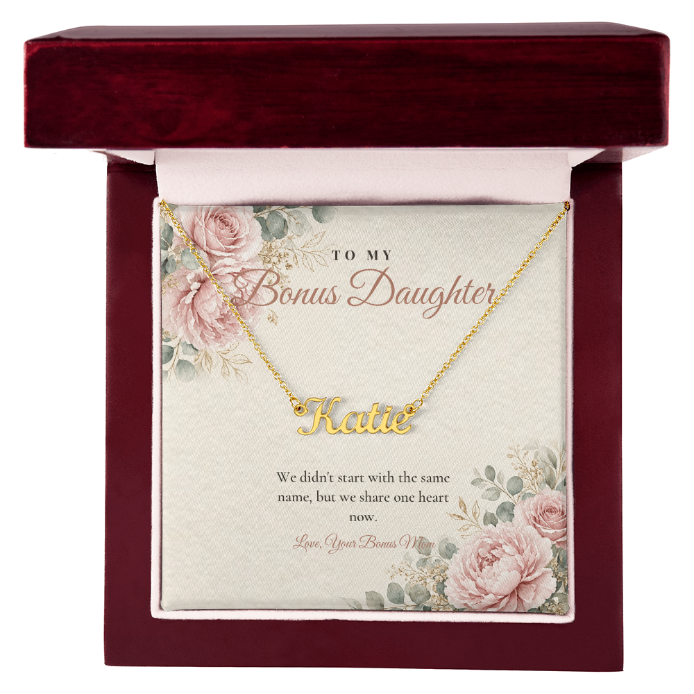 Gold custom name necklace for bonus daughter with floral message card in mahogany luxury gift box