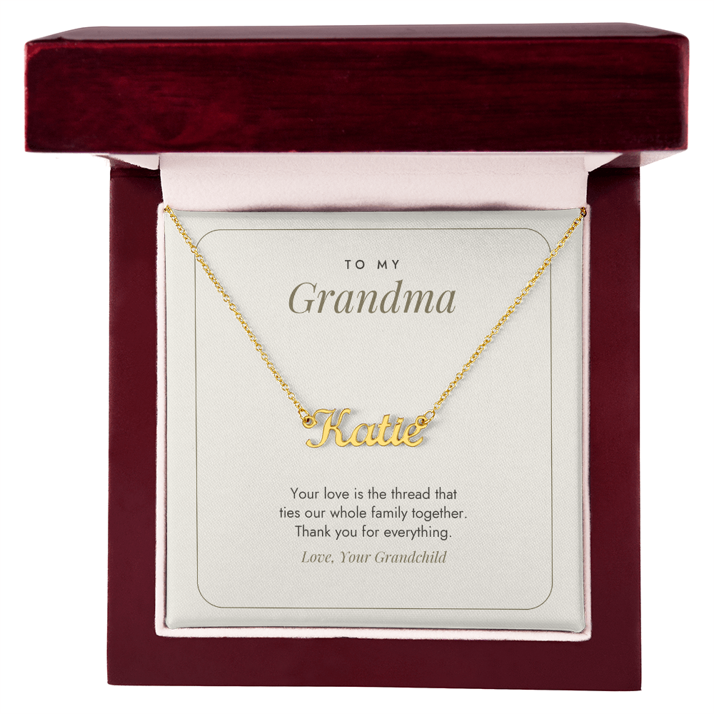 18K gold finish Grandma name necklace with message card in open mahogany luxury gift box – name necklace for Grandma