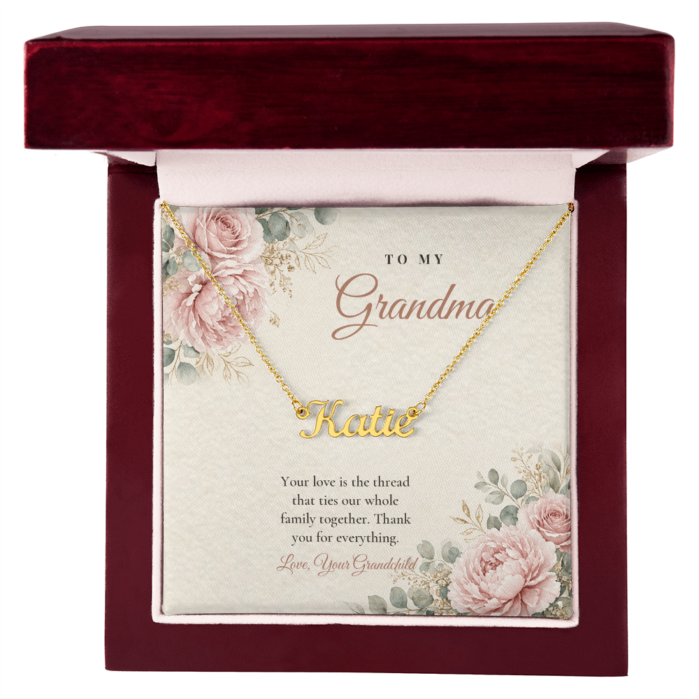 18K gold finish Grandma name necklace with message card in open mahogany luxury gift box – name necklace for Grandma