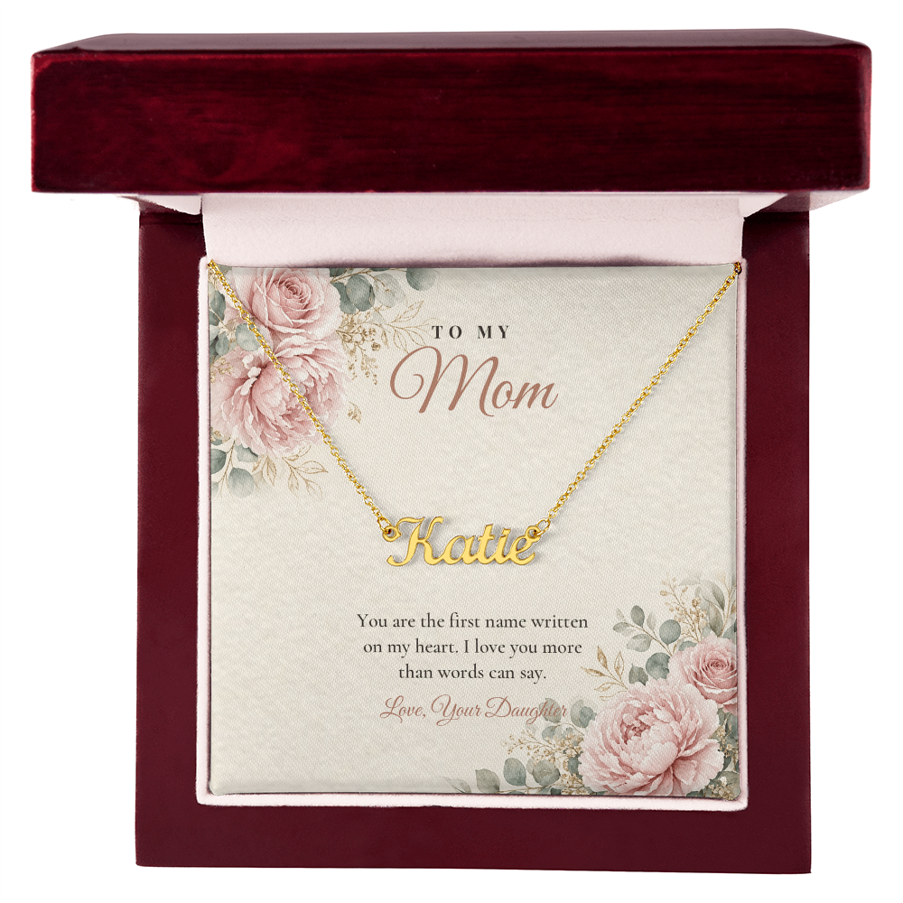 Gold custom name necklace for Mom with floral message card in mahogany luxury gift box