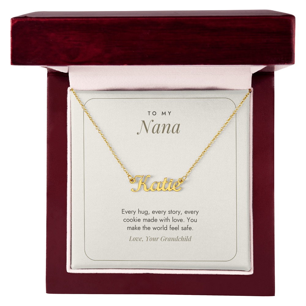 18K gold finish Nana name necklace with message card in open mahogany luxury gift box – name necklace for Nana