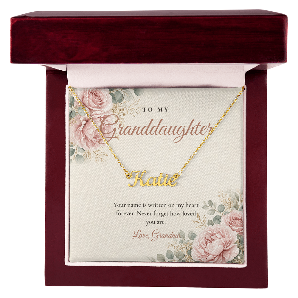 Gold custom name necklace for granddaughter with floral message card in mahogany luxury gift box