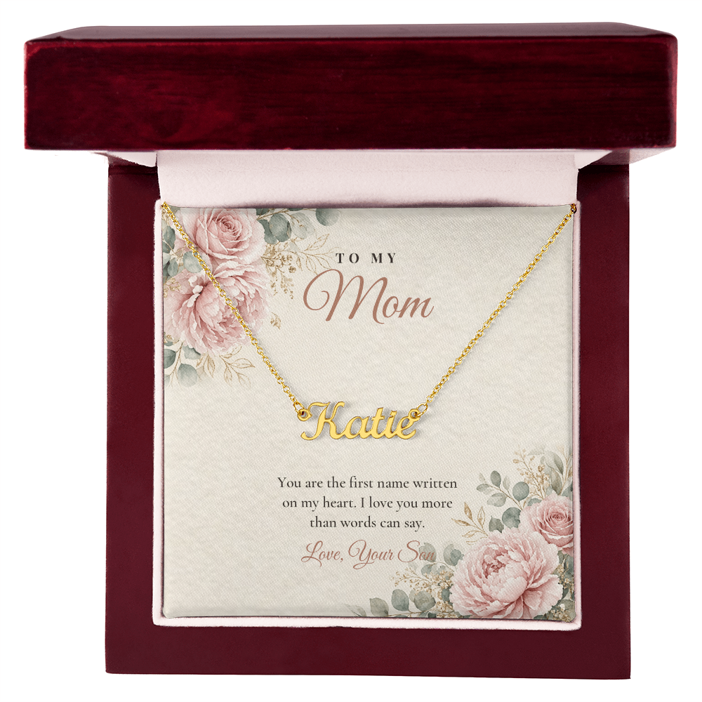 Gold custom name necklace for Mom from son with floral message card in mahogany luxury gift box
