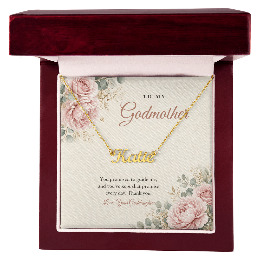 18K gold finish Godmother name necklace with message card in open mahogany luxury gift box – name necklace for Godmother