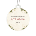 Round acrylic bulb ornament with Our First Christmas Mr. & Mrs. 2026 design