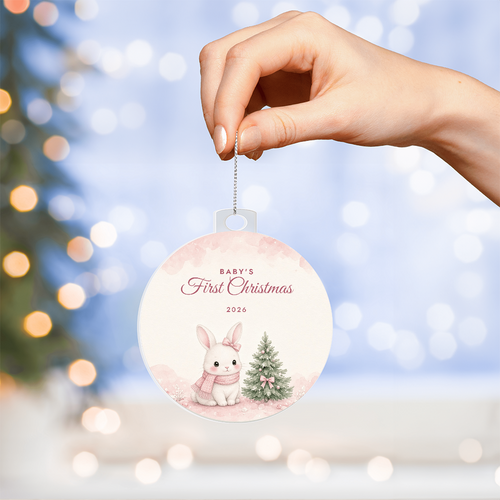 Baby's First Christmas Ornament 2026 – Girl Bunny Acrylic Christmas Keepsake