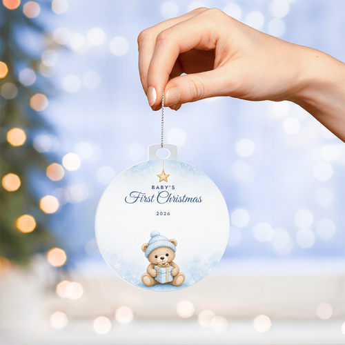 Baby's First Christmas Ornament 2026 – Boy Teddy Bear Acrylic Christmas Keepsake