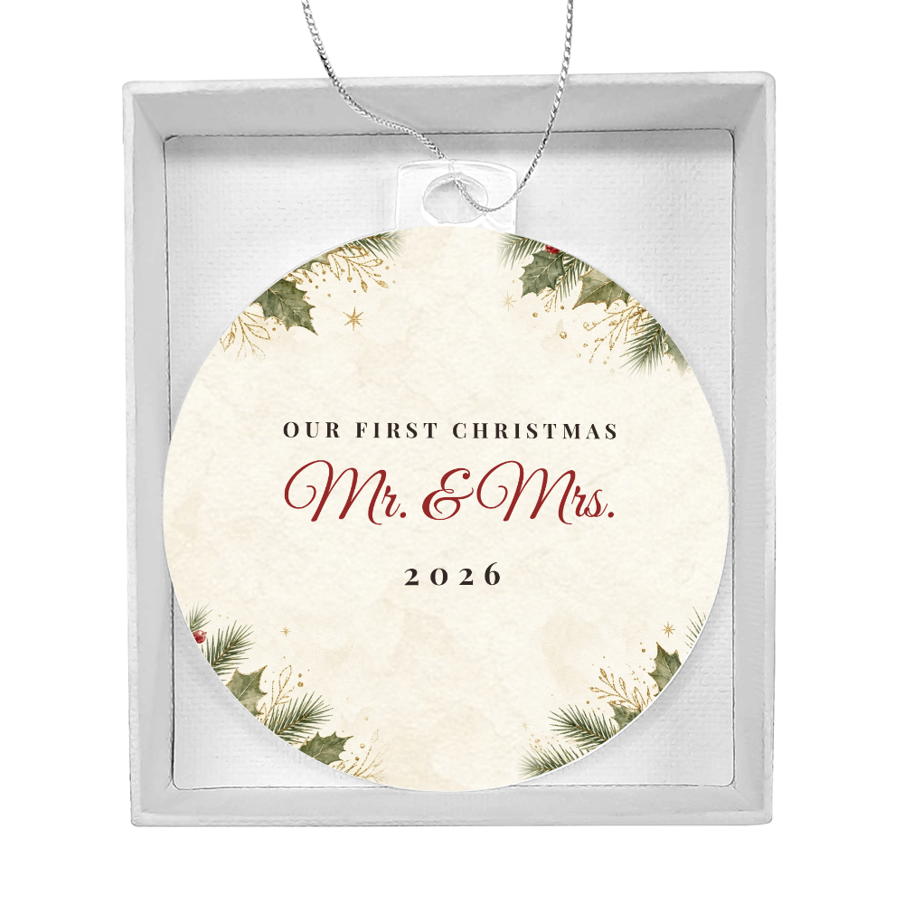 Acrylic bulb ornament with Our First Christmas Mr. & Mrs. 2026 design in white gift box