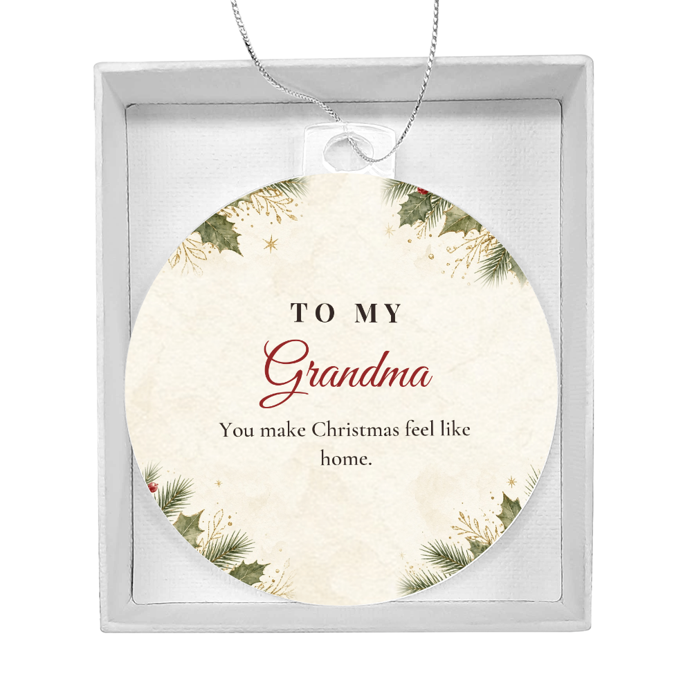 Acrylic bulb ornament with To My Grandma design in white gift box