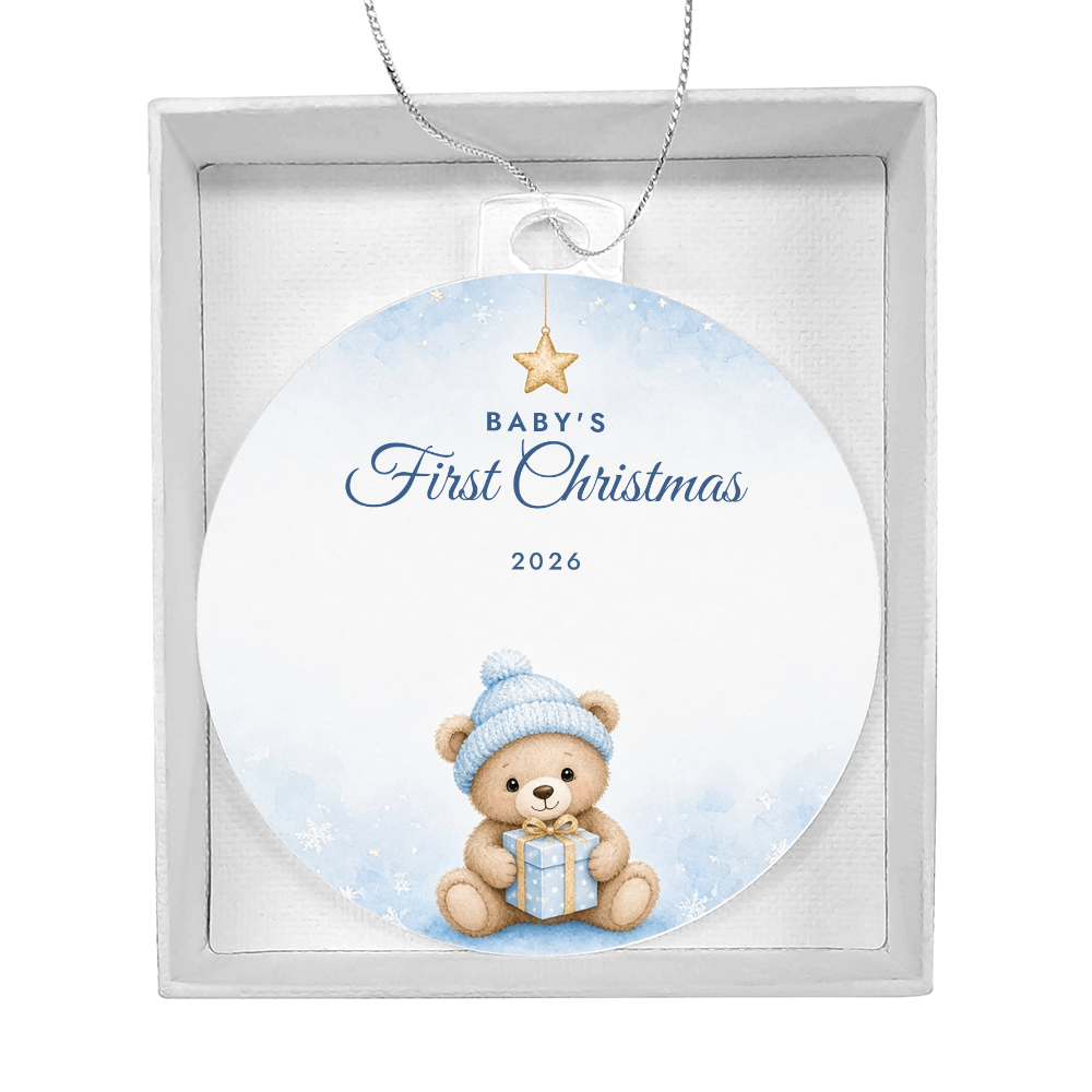 Baby's First Christmas Ornament 2026 – Boy Teddy Bear Acrylic Christmas Keepsake
