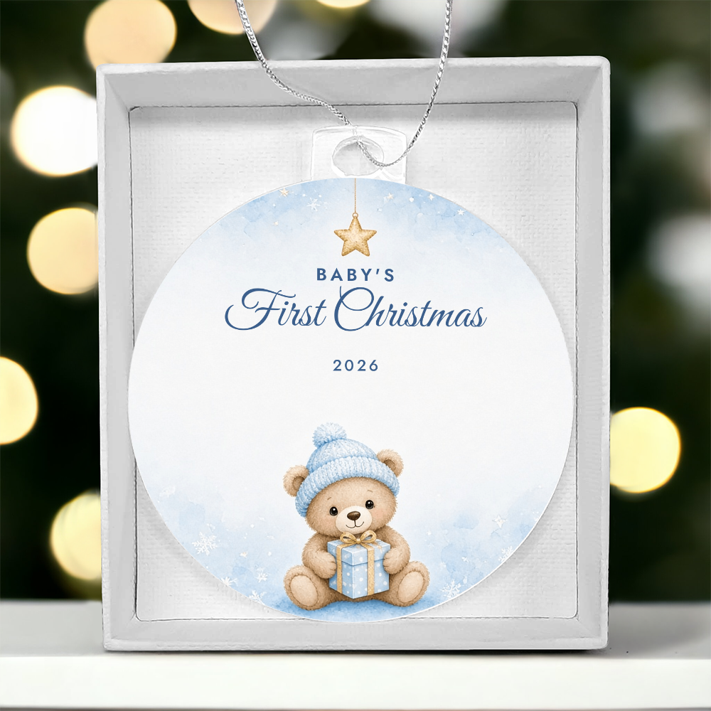 Baby's First Christmas Ornament 2026 – Boy Teddy Bear Acrylic Christmas Keepsake