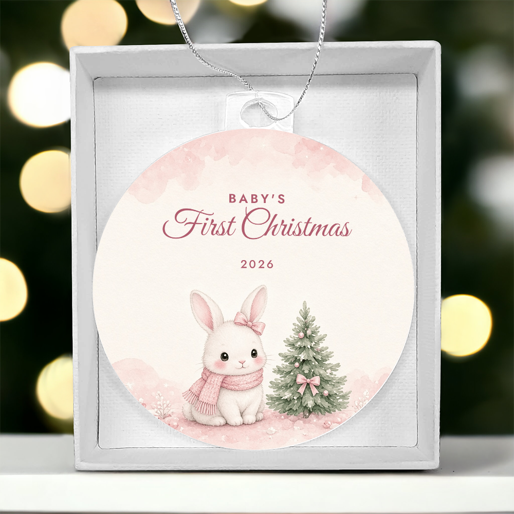 Baby's First Christmas Ornament 2026 – Girl Bunny Acrylic Christmas Keepsake