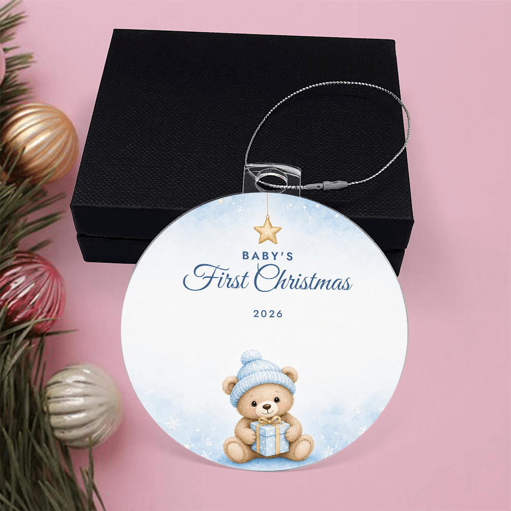 Baby's First Christmas Ornament 2026 – Boy Teddy Bear Acrylic Christmas Keepsake
