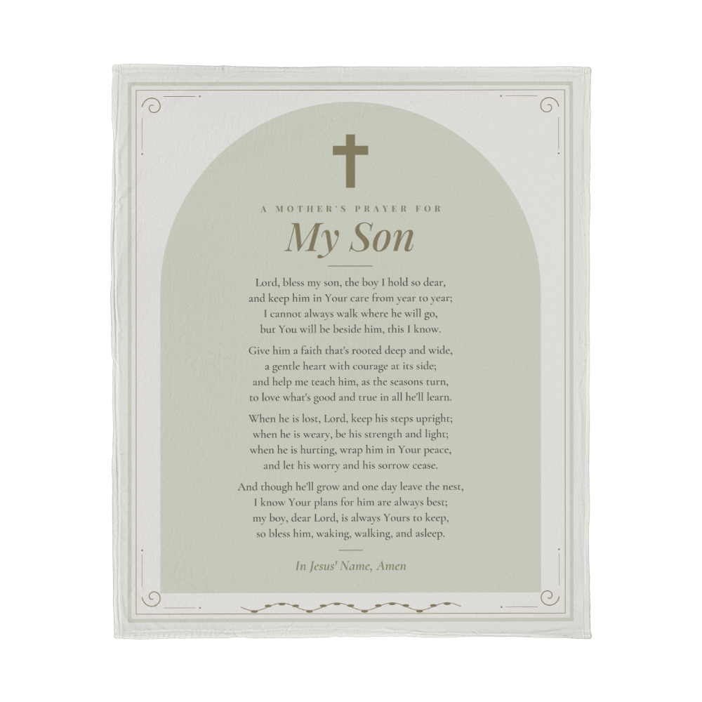 Mother's Prayer for My Son blanket, full front view of the sage prayer throw with cross