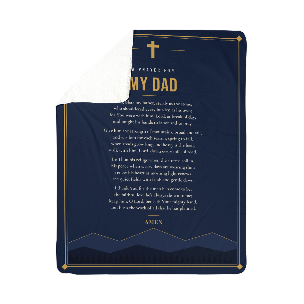 Full front view of navy blue prayer blanket for dad with printed prayer and title
