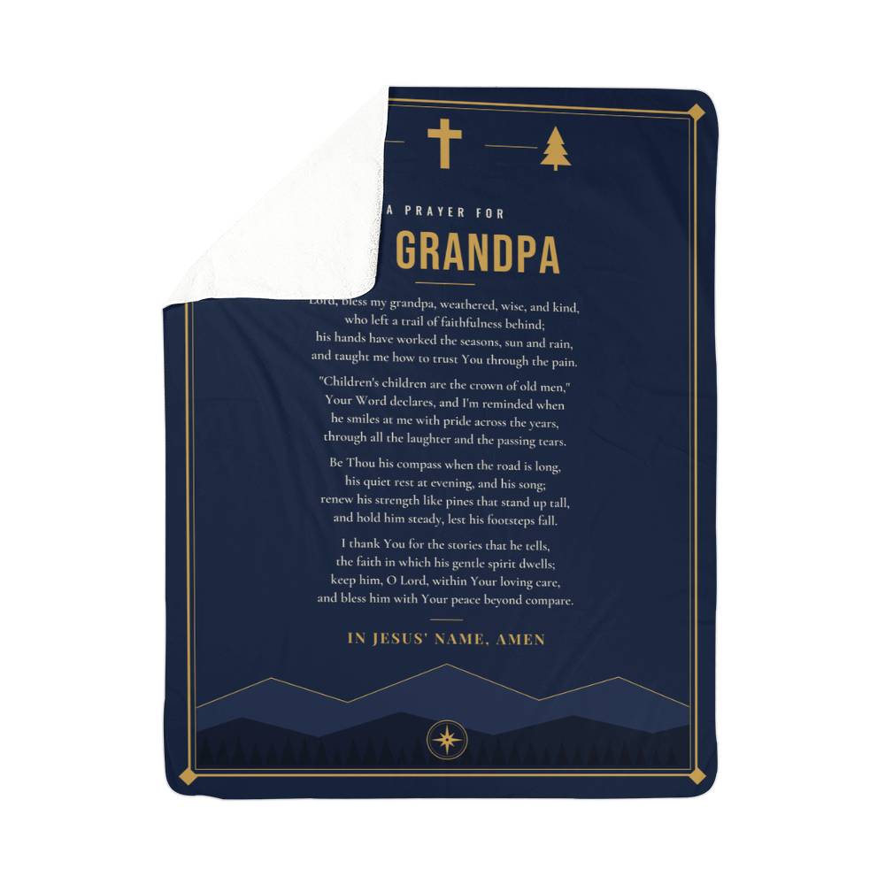 Navy blue prayer blanket for grandpa with folded corner showing soft sherpa back