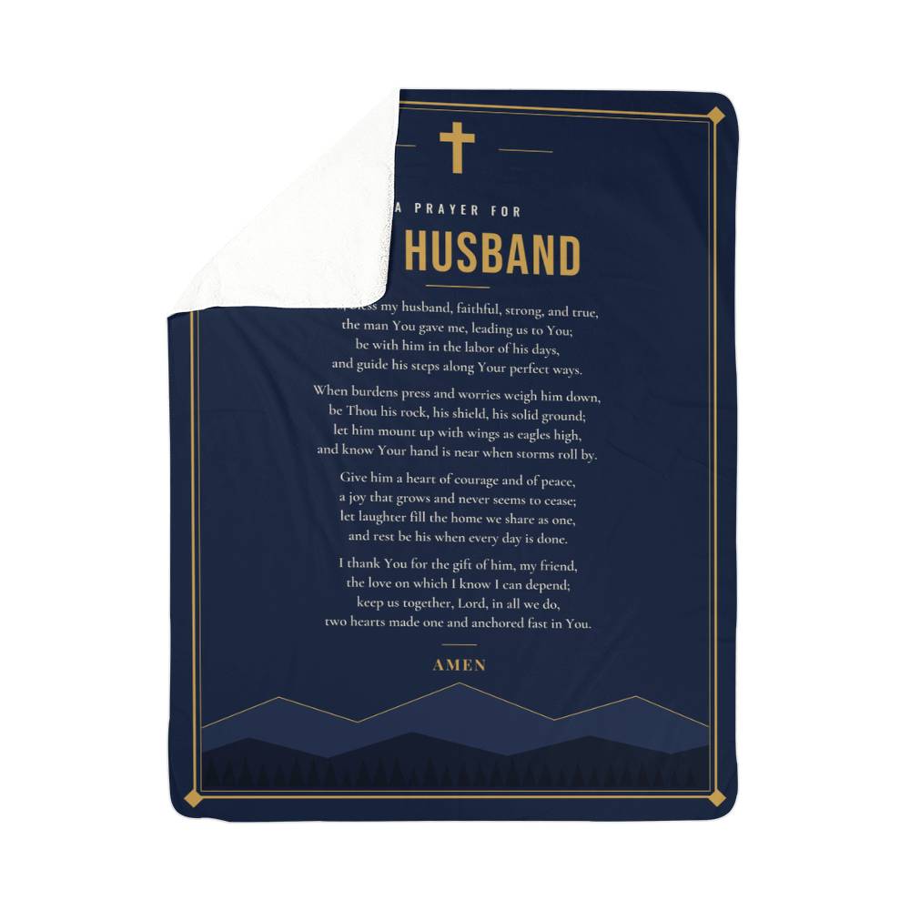 Navy blue prayer blanket for husband with folded corner showing soft sherpa back