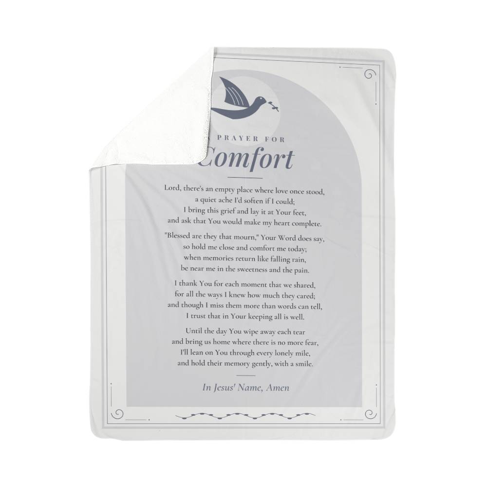 Gray comfort prayer blanket with folded corner showing soft sherpa back