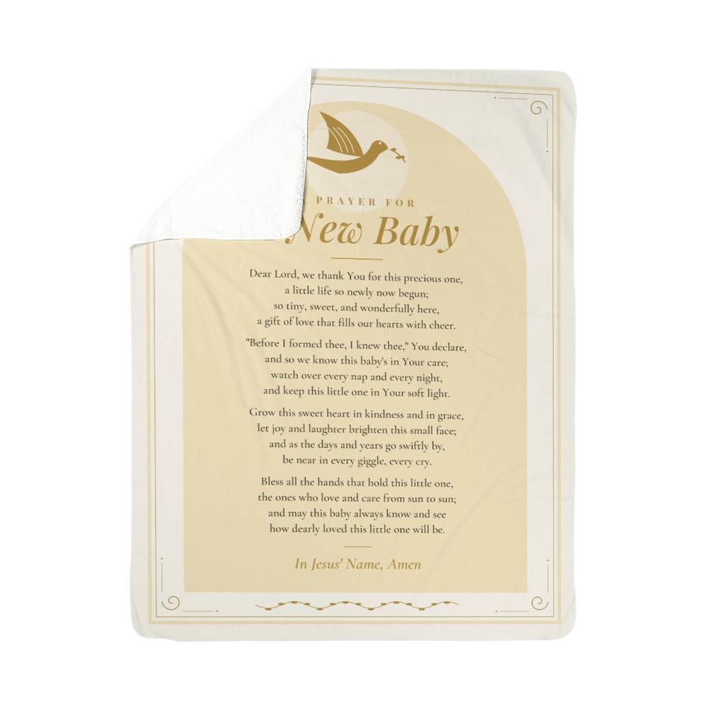 Cream baby prayer blanket with folded corner showing soft sherpa back