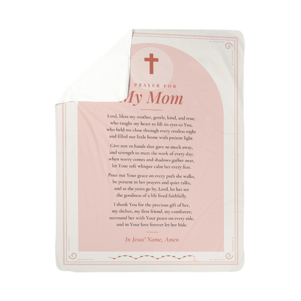 Full front view of soft pink prayer blanket for mom with printed prayer and title