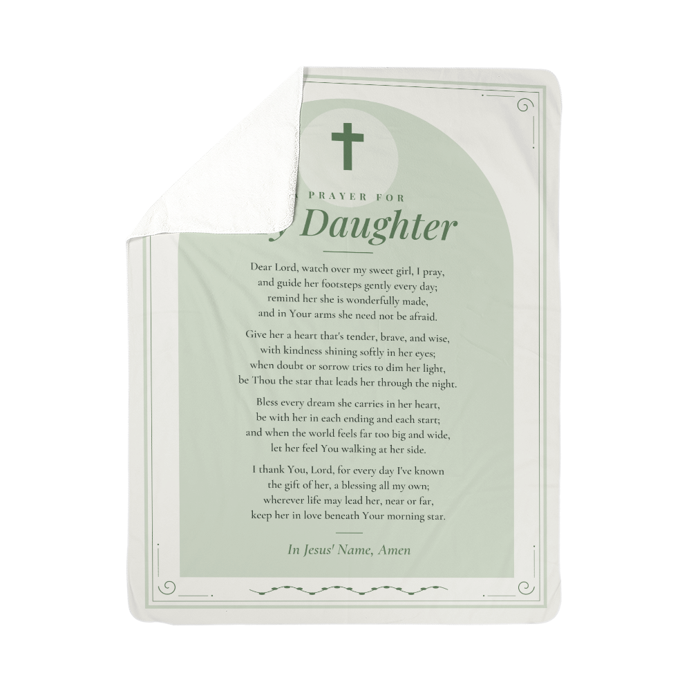 Sage green prayer blanket for daughter with folded corner showing soft sherpa back