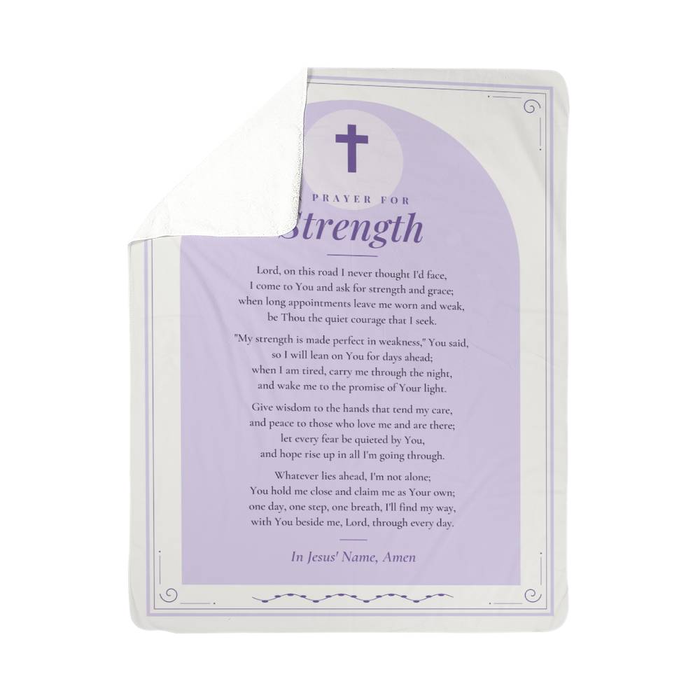 Lavender strength prayer blanket with folded corner showing soft sherpa back