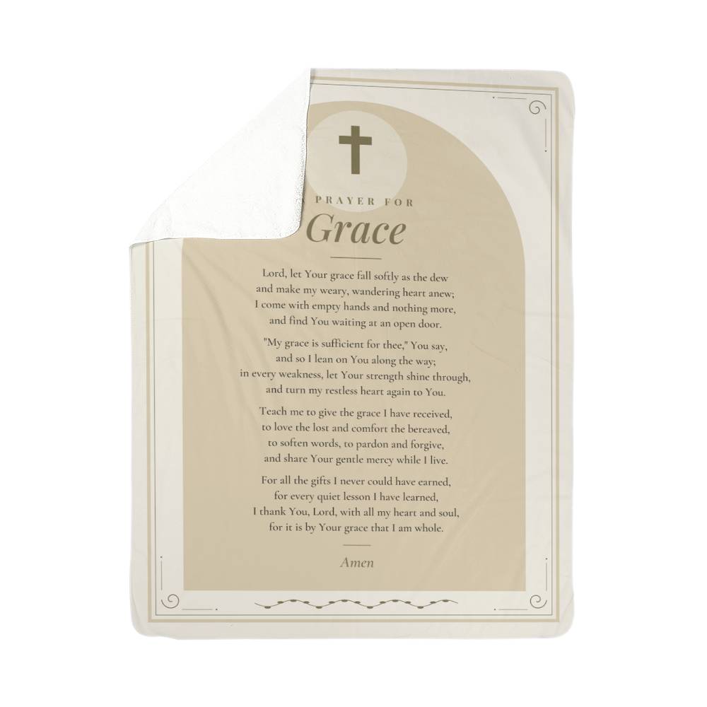 Tan grace prayer blanket with folded corner showing soft sherpa back